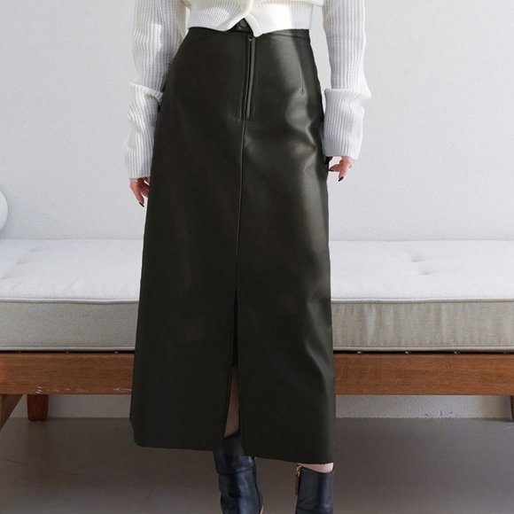 Dark Green Casual Womens High Waist Split Hem PU Skirt - Picture 3 of 5